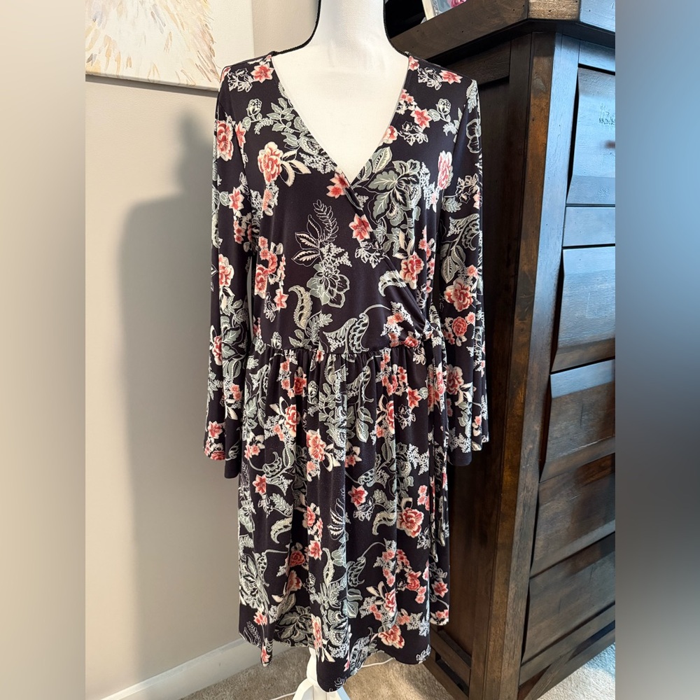Bobeau Black & Pink floral Faux Wrap Long Sleeve Dress